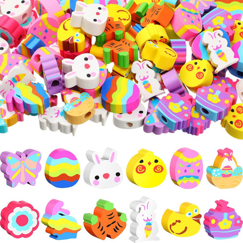 Easter Erasers - 12 Styles Bunny Egg Pencil Toppers for Kids, 3D Mini Rubber Erasers, 144 Pack