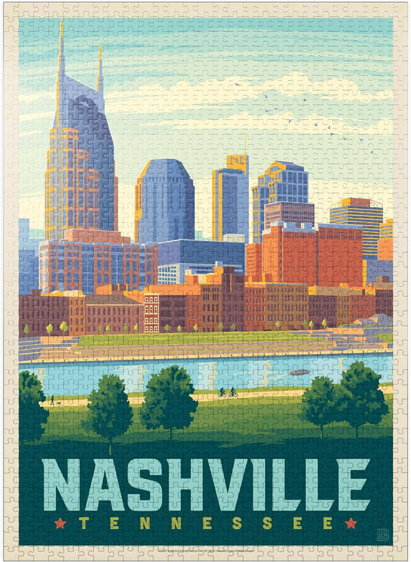 MyPuzzle Nashville Skyline Vintage Poster: Summer On The Riverfront, Premium 1000 Piece Jigsaw Puzzle for Adults