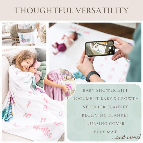 Baby Monthly Milestone Blanket for Baby Girl, 60"x40" Cactus Growth Chart, Weekly & Monthly Photography Prop