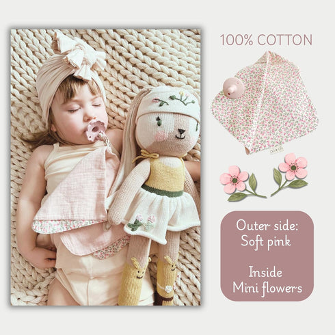 (15x15) Ali+Oli Pacifier Blanket Holder (Pink Flowers) Soft Muslin Cotton Cuddle Blanket with Button Snap Closure