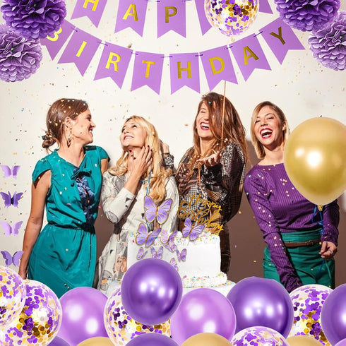 Ouddy Party Purple Birthday Decorations for Women Girls, Butterfly Hanging Garland, Happy Birthday Banner, Purple Gold