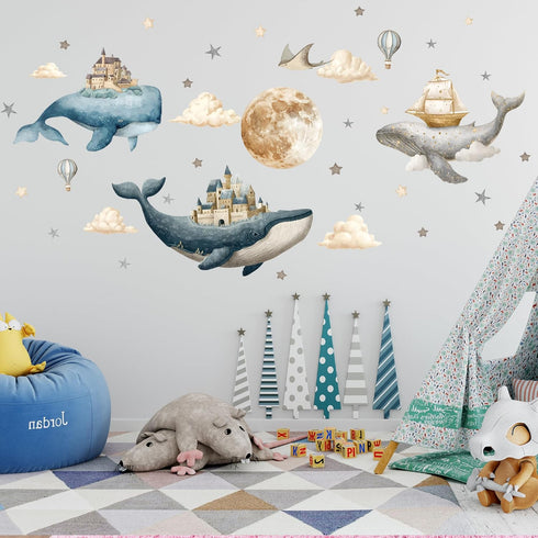 Under The Sea Whales Wall Decal Sticker,Ocean Nursery Wall Sticker,Watercolor Whale, Hot air Balloons, Castle Art Decor