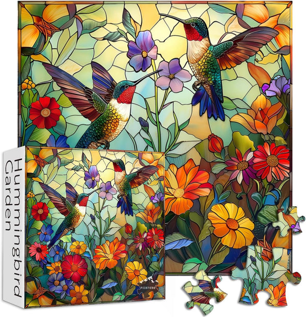 Stained Glass Puzzles for Adults, 1000 Pieces Colorful Flower Hummingbird Jigsaw Puzzles, Mosaic Bird Home Decor