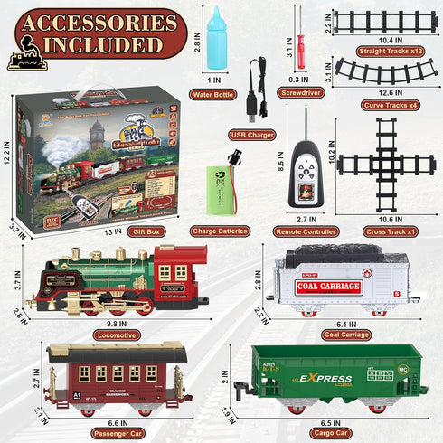 PaLeyFer Set 3 8 Kids Electric Train - Remote Control w/Smoke, Sounds, Lights - Rechargeable for Christmas Tree - Train