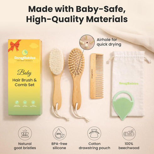 Set 7-Pack Set Baby Hair Brush & Comb for Newborns - Gentle Goat-Hair & Bamboo Bristle Hairbrushes with Easy Grip