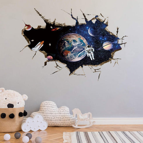 3D Planet Galaxy Astronaut Wall Stickers, DILIBRA Removable Spacecraft View Decals for Kids Room Decor