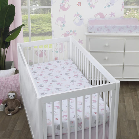 Little Love by NoJo Sloth Fitted Crib Sheet - Tropical Garden Design in Pink, Grey, and White
