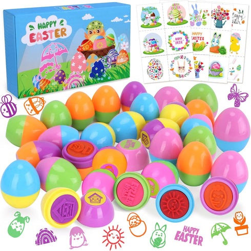 24 Pack Prefilled Easter Eggs With Toys, Stamps with Easter Tattoos Easter