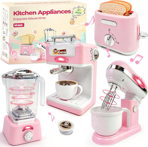 Play Kitchen Accessories,Toy Kitchen Appliances with Blender,Coffee Maker,Mixer,Toaster,Kids Kitchen Playset with Sound