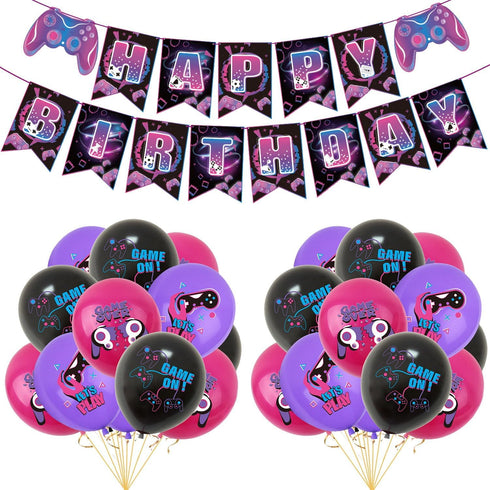 Video Game Birthday Party Decoration Set, Purple Game Supplies, Includes Birthday Banner and Balloon