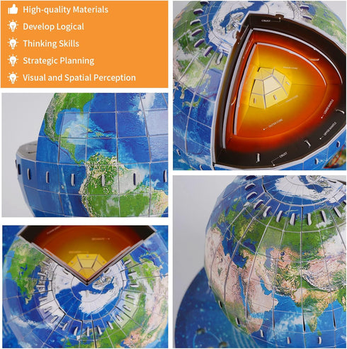3D Geography Puzzle for Kids Ages 8-14, Earth Globe DIY Jigsaw Model Kit, Educational Learning Toys, 50 Pieces