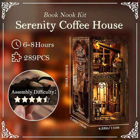 Kangomelon 3D DIY Book Nook Kit Wooden Bookshelf Miniature Serenity Coffee House Kit Wooden Puzzles Bookends Miniature