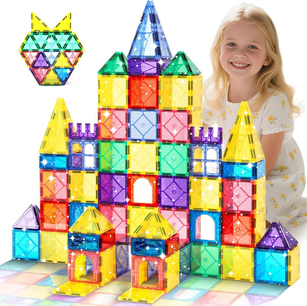 Mruikeny 100 Pieces Magnetic Tiles for Kids Ages 4-8, Glitter Magnetic Building