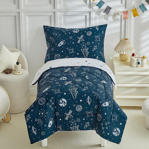 4 Pieces Toddler Bedding Set for Boy,Space Toddler Bed Comforter Set,Soft and