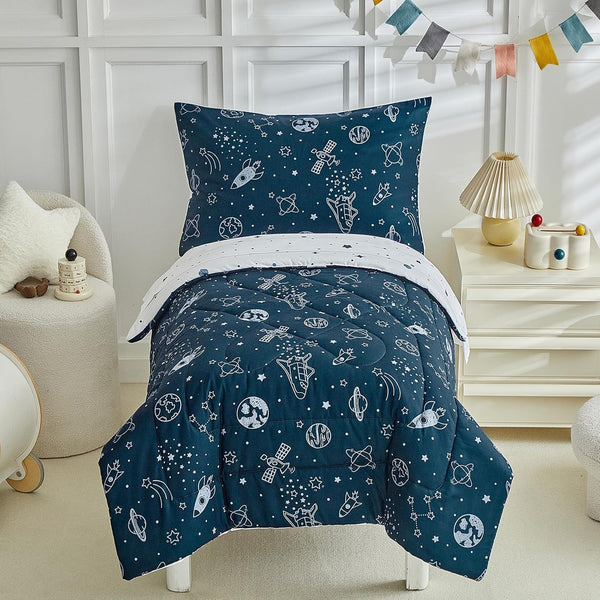 4 Pieces Toddler Bedding Set for Boy,Space Toddler Bed Comforter Set,Soft and