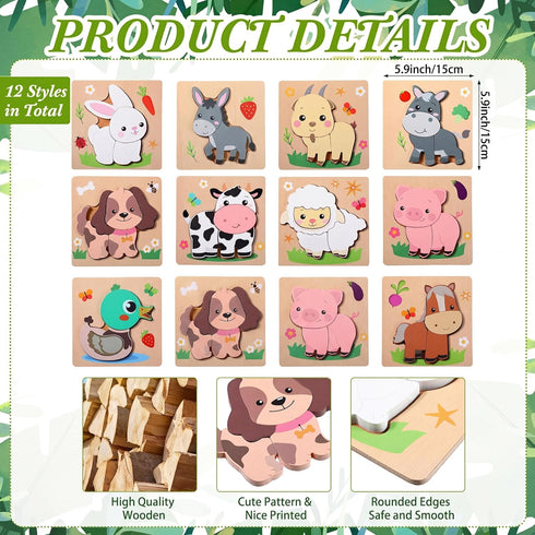 12 Pack Capoda Farm Animal Wooden Puzzles Wood Farm Jigsaw for Toddlers Featuring Cow, Sheep, Pig and More Montessori