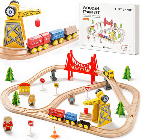 Tiny Land 55PCS Wooden Train Set - Compatible with Major Brand Tracks,