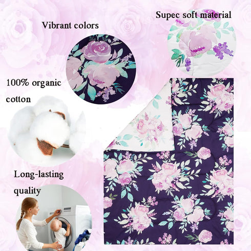 4 Set TANOFAR Piece Crib Bedding for Girls, Purple Flower Quilt, Crib Skirt, Diaper Stacker, Soft Microfiber Comforter