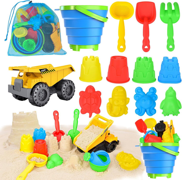 Fegalop Beach Toys, 14Pcs Sand Toys with Construction Vehicle and Collapsible Beach Bucket,