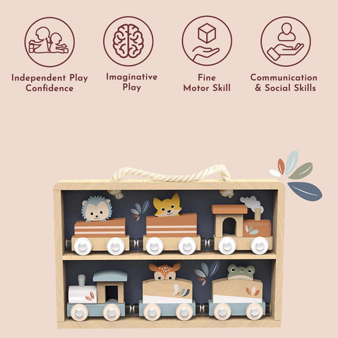 Set Playset 24m+ Set SPEEDY MONKEY Wooden Train Toy for Kids | Animal Train with Storage Display Case for Toddlers |