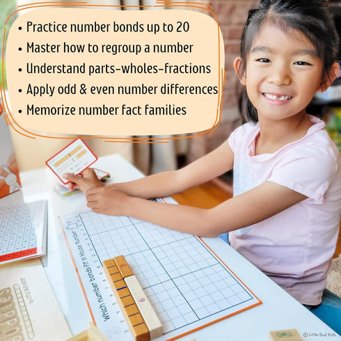 LITTLE BUD KIDS House of Number Buddies Math Game - Number Bonds Math Toy with Rods and Flash Cards for Ages 4-8
