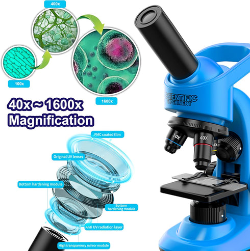 DOUBLE CC Microscope,40-1600x 6-12 Kids Microscope Kit for Kids Beginners Children,STEM Kit,Prepared Slides,LED Light