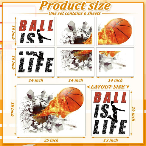 Basketball Wall Decor, 18 x 38 Inch 3D Self Adhesive Removable Wall Decal Stickers for Boys Bedroom