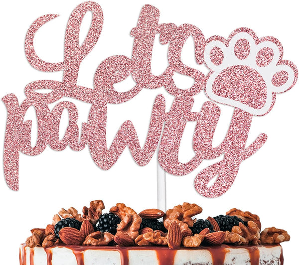 Let's Pawty Cake Topper Decorations with Dog for Pink Pet Puppy Birthday Theme Anniversary Party Decor Supplies