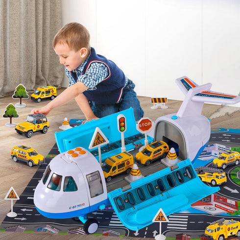 iHaHa Spray Airplane Toys for Boys and Girls, Large Cargo Airplane with 6 Construction Vehicles and Play Mat