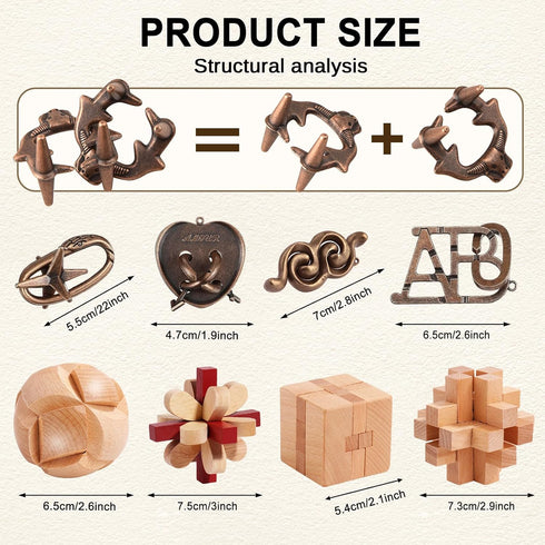 Brain Teaser Puzzles for Adults - 16pcs Disentanglement Metal Wooden Logic Puzzle Gift for Teens