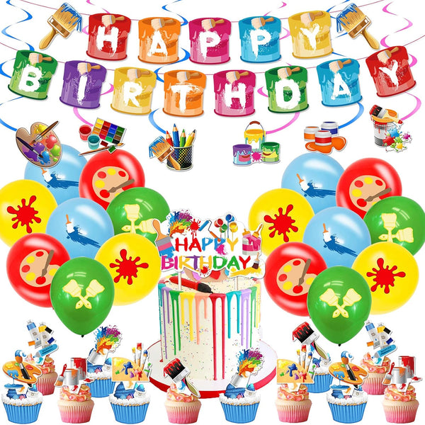 48 Pieces Art Birthday Party Supplies, Colorful Latex Balloons, Birthday Banner, Hanging Swirl Cake Cupcake Toppers for