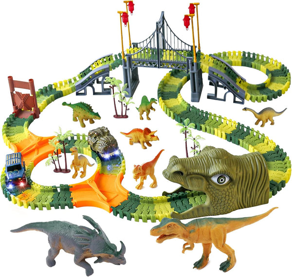 Dinosaur World Race Track Toys - 216pcs Flexible Track Playset with 1 Dinosaur Car, 1 Race Car, 6 Dino Toys