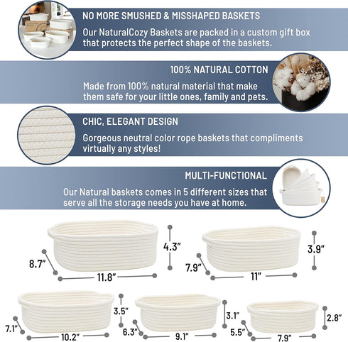NaturalCozy 5-Piece Set- Rectangle Storage Basket Natural Cotton Rope Woven for Organizing! Small Basket