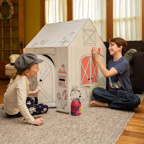 Easy Playhouse Barn - Kids Art & Craft for Indoor & Outdoor Fun, Decorate & Personalize Cardboard Fort, 32" X 26.5" X