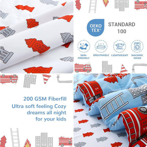 4 Set Sets Mooreeke Pieces Toddler Bedding - Fire Truck Blue Toddler Comforter for Boys, Includes Comforter, Flat