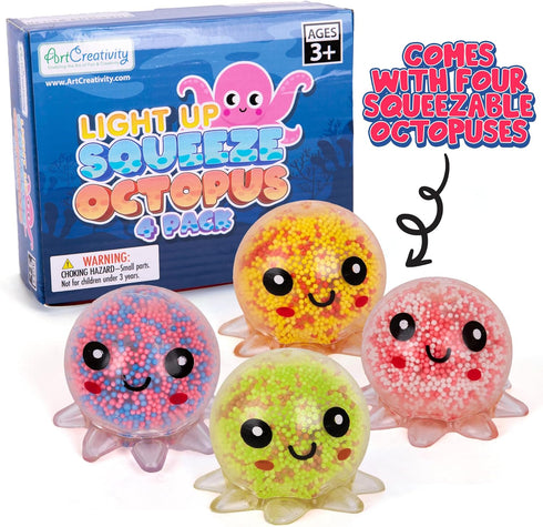 Set 4 ArtCreativity Jumbo Light Up Squishy Octopus Toys of Fidget Sensory Toys for Kids & Adults Glow in The Dark Toys