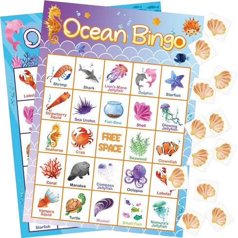 Ocean Bingo Game for 24 Players, Under Sea Party Game Supplies