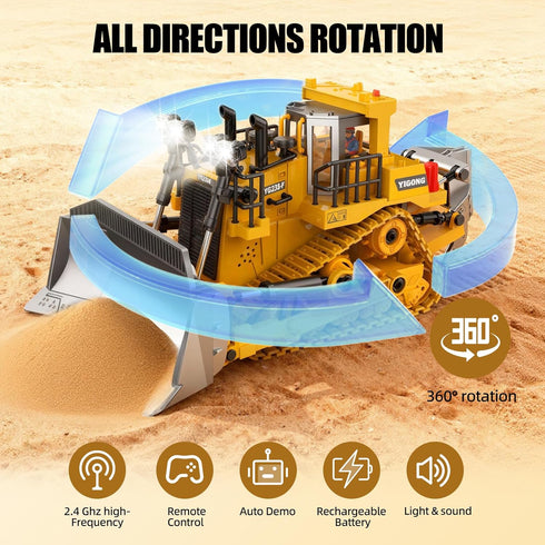 Bulldozer 9CH 2.4GHz Dozer 3-12 RC Toy with Metal Blade, Light and Sound, Remote Control Construction Truck, Tractor