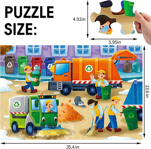 Puzzles,48 3-5,Children 4-8 Jumbo Floor Puzzle for Kids,Recycling Garbage Truck Jigsaw Large Piece Trash Truck Vehicle