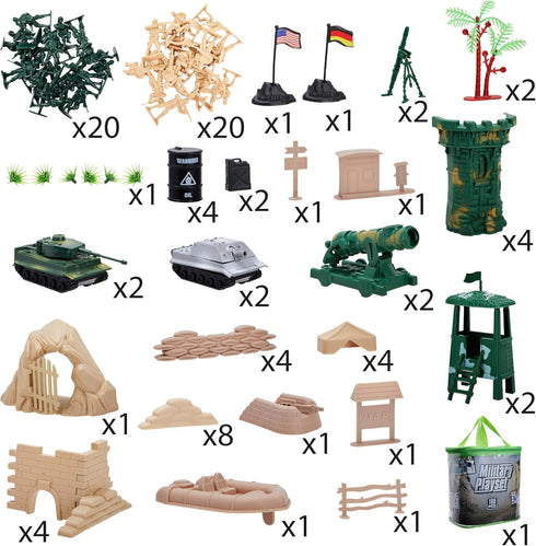 Juvale 100-Piece Army Men Toy Soldiers Playset - Small Plastic Action Figures, Military Battlefield Accessories & Tanks