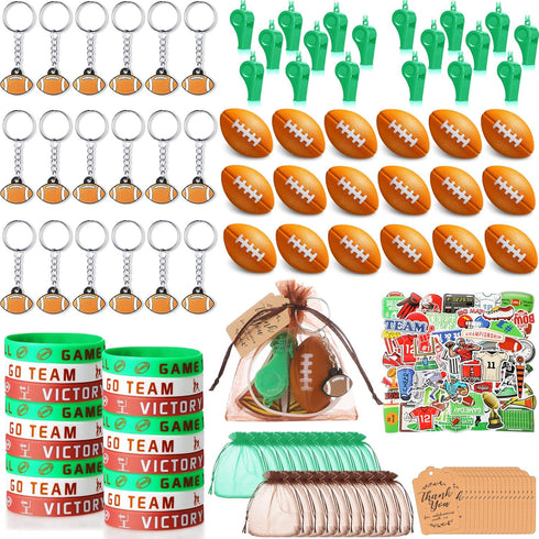 158 Pcs Football Party Favors Set - 18 Keychains, Bracelets, Mini Footballs, Whistles, Stickers & Bags