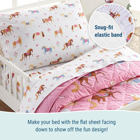 100% Set Cozy Wildkin Cotton Toddler Sheet Soft & Bed Sheets - Horses