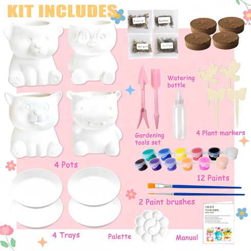 yasest 4 Set Set, 8-12, 5 6 7 8 9 10 11 12 Paint & Plant Flower Growing Kit for Kids - DIY Animal Pattern Ceramic