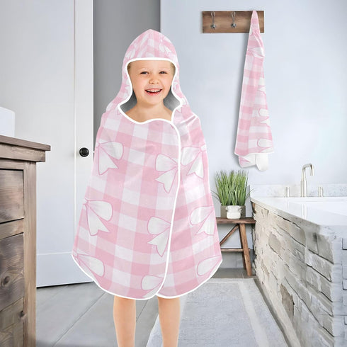 Takiito Bows on Pink Gingham Hooded Baby Towel for Newborn Infant, Soft & Absorbent Bath Towel Essentials, Machine