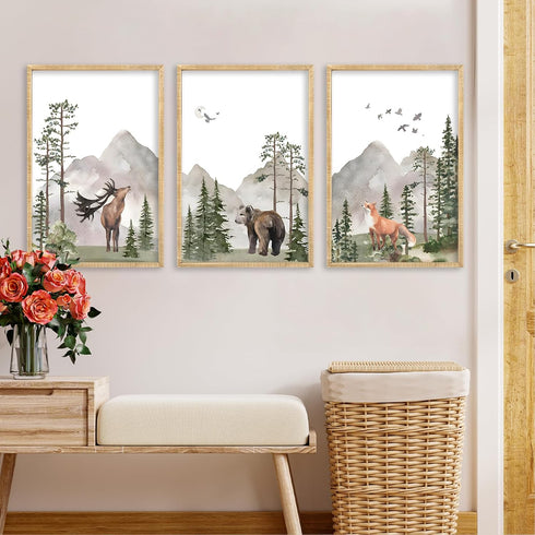LuZhiQiang Set 3 16x11 Inch Of Wild Woodland Nursery Animals Wall Art Decor Safari Foggy Forest Deer Bear Fox Posters