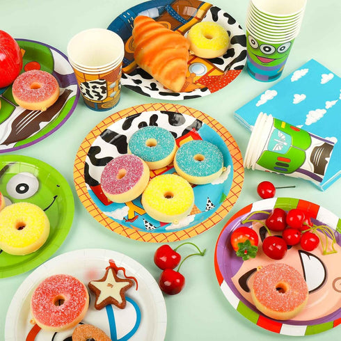 120pcs Cartoon Toy Birthday Party Supplies, Disposable Plates Napkins Cups for Boys Girls Birthday Tableware Set for 30