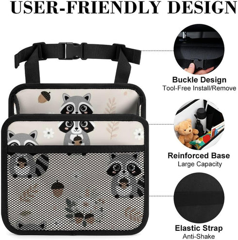 PPIKTC Spacious Hanging Auto Seat Organizer with Ventilated Mesh Pockets for Wet Wipes and Baby Supplies, Cute Raccoon