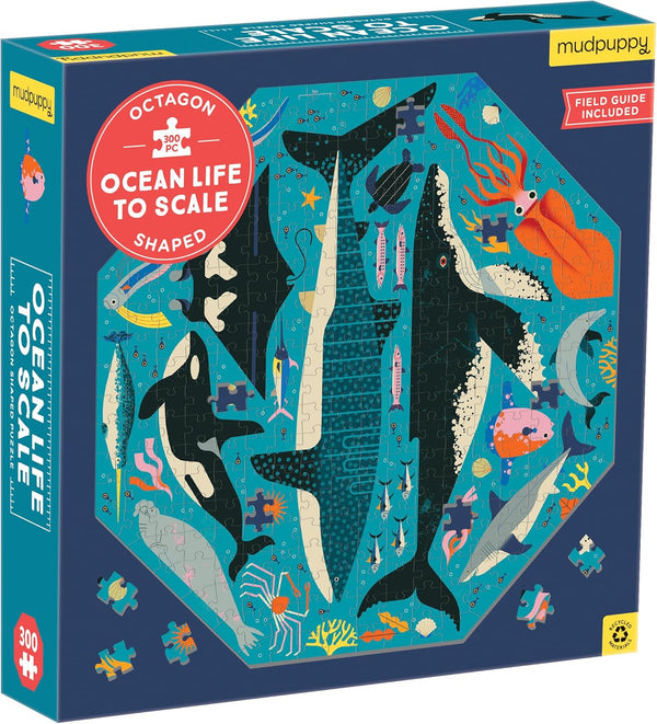 Mudpuppy’s Ocean Life to Scale 300 Piece Octagon Shaped Puzzle, Multi-Directional Artwork can be Pieced Together from Any Side, for Ages 7+, Perfect for Family Puzzling!, Puzzle Image Insert Included