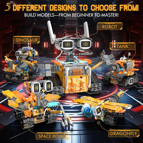 Alerisca 5in1 6-12, 899Pcs Sets, Sets STEM Robot Building Kits for Kids App & Remote Control STEM Dinosaur Tank Robot
