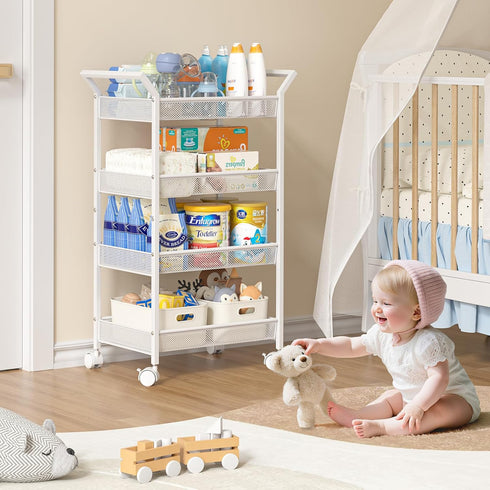 3IngSeagulls 4-Tier Baby Diaper Caddy Cart, Diaper Caddy Organizer and Storage, Rolling Utility Cart for Baby Supplies